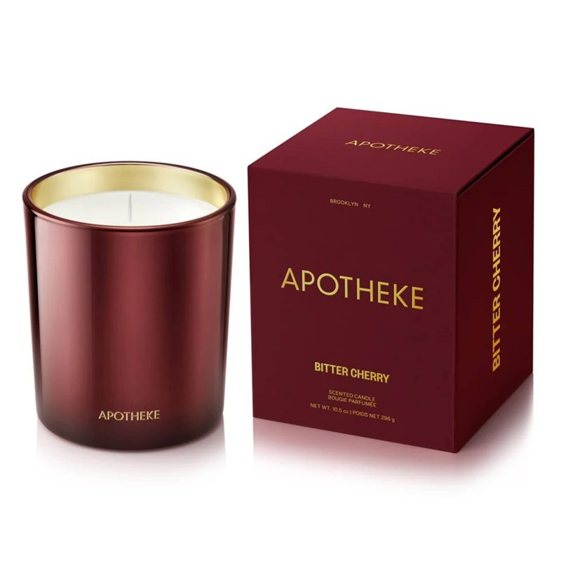 apotheke AP01 BCHE bitter cherry scented soy wax blend classic candle in reflective cherry red glass vessel with matching