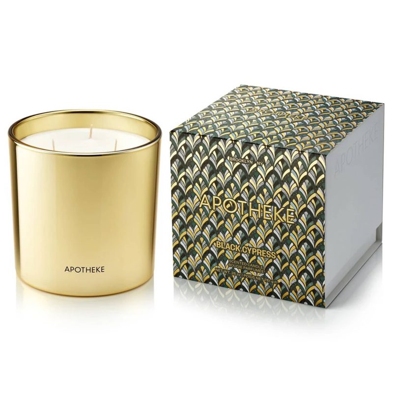 apotheke AP03 BC 24 black cypress scented limited edition 3 wick soy blend candle in gold vessel with