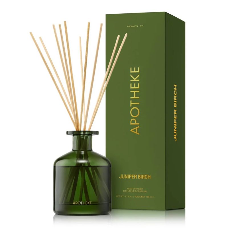 apotheke AP04 JB juniper birch scented limited edition reed diffuser in dark green bottle with