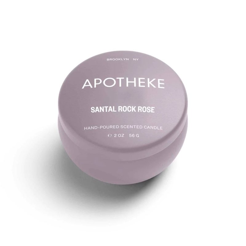 apotheke santal rock rose scented soy wax candle in mini pink tin