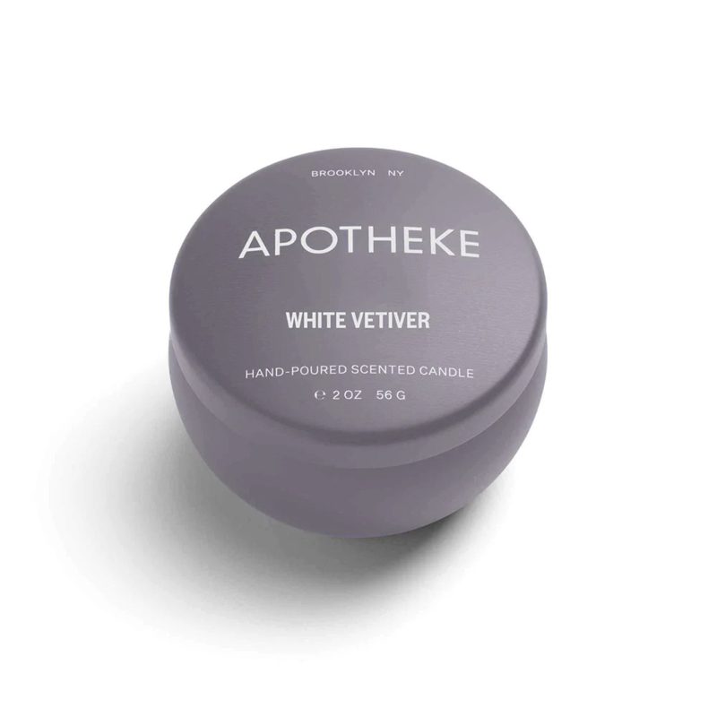 apotheke white vetiver scented soy wax candle in mini dark gray tin