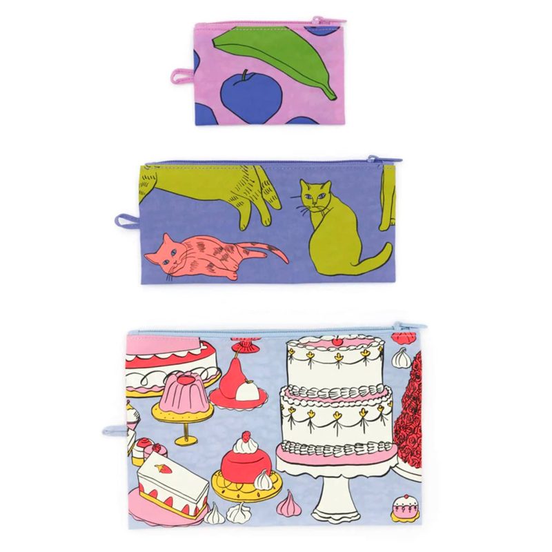 baggu still life recycled heavyweight nylon flat zipper pouch set of three flat