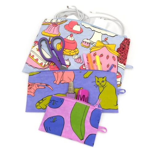 baggu still life recycled heavyweight nylon flat zipper pouch set of three unzipped and filled