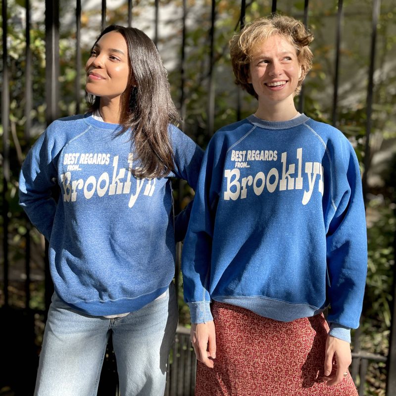 best regards vintage upcycled best regards from brooklyn royal blue sweatshirt on models