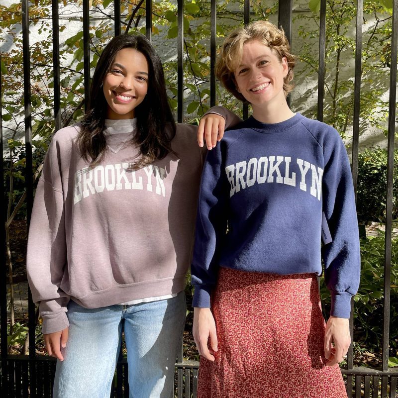 best regards vintage upcycled brooklyn varsity sweatshirt in rosewood and navy on models