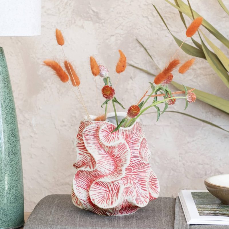 bloomingville ah3246 pink and white textured stoneware organic vase in room setting with flowers