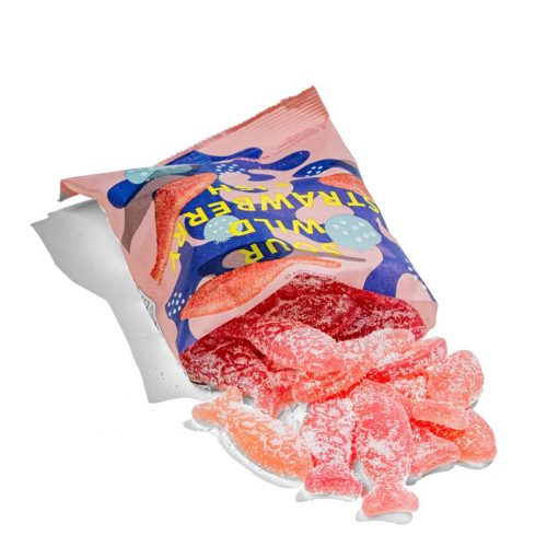 bonbonnyc sour wild strawberry fish gummy candy spilling out of packaging