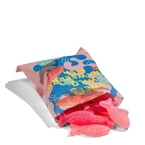 bonbonnyc sweet wild strawberry fish gummy candy spilling out of packaging