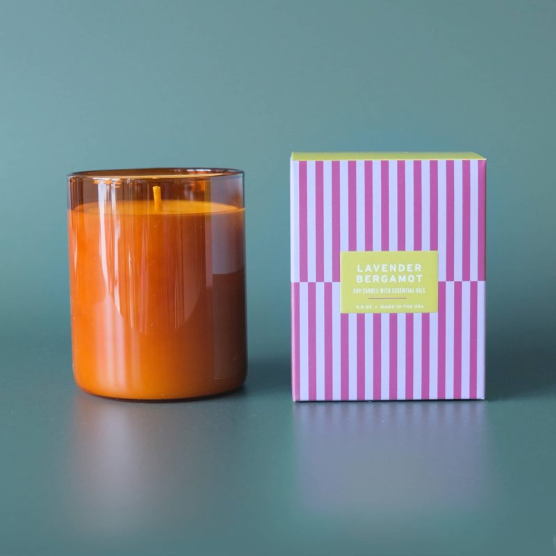 botanica ESS LAV 8 lavender bergamot scented essentials candle with striped box packaging