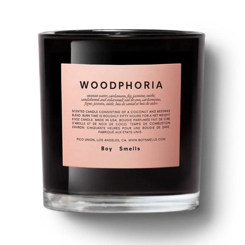 boy smells woodphoria scented coconut beeswax blend candle in black glass tumbler