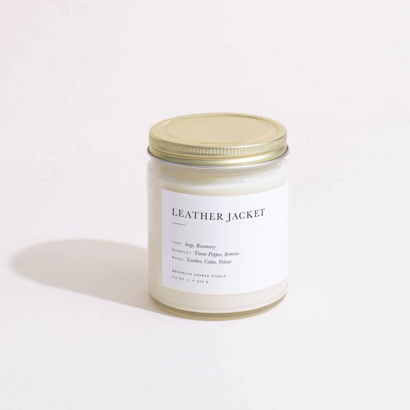 brooklyn candle studio limited edition leather jacket scented soy wax candle in minimalist jar with gold lid