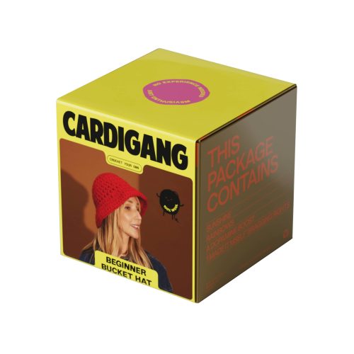 Cardigang Coco Heartbreaker Red beginner bucket hat crochet kit in box packaging, front angle view.