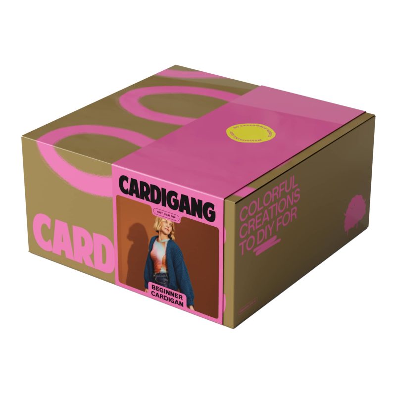 cardigang jane blueberry beginner acrylic cardigan knit kit in box front angle