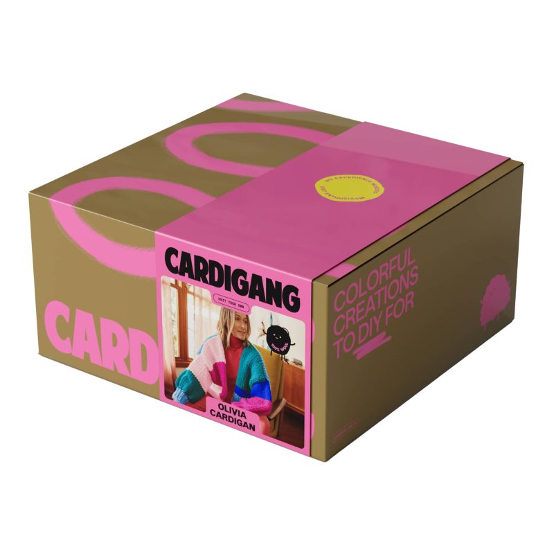 cardigang olivia tutti fruitti beginner wool cardigan knit kit in box front angle view