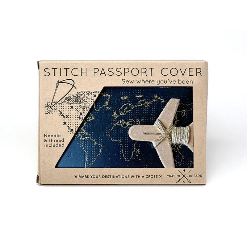 chasing threads black faux leather stitch passport cover in packaging front