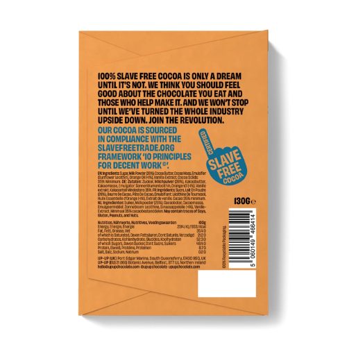 coco up up sweet orange milk chocolate bar in packaging back