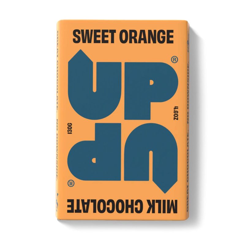 coco up up sweet orange milk chocolate bar in packaging front