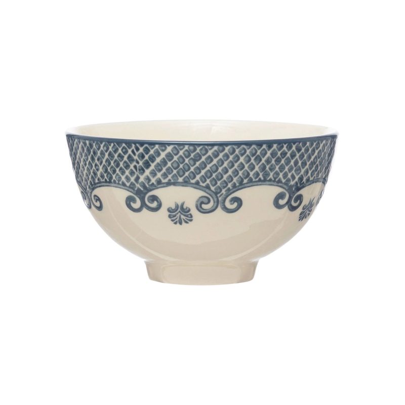 creative co op df6680 round hand stamped bowl with blue pattern on cream side view