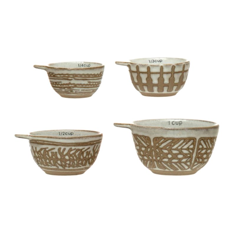 creative coop df4359 set of four nesting stoneware measuring cups with wax relief pattern