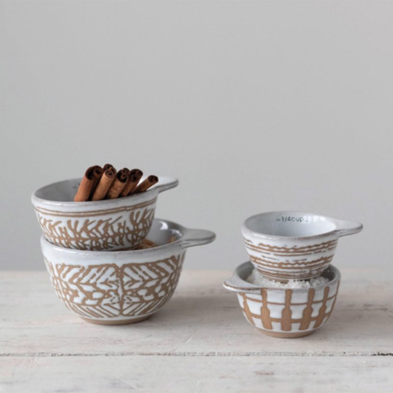 creative coop df4359 set of four nesting stoneware measuring cups with wax relief pattern in use