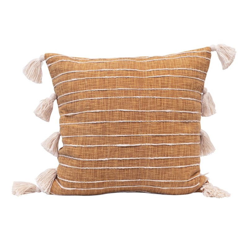 creative coop df4544 golden yellow cotton woven decorative throw pillow with white stripes and tassels