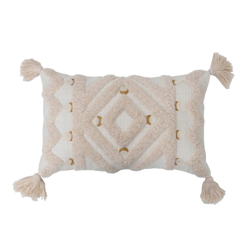 creative coop df5852 cream cotton tufted lumbar pillow with gold embroidery and tassels front view