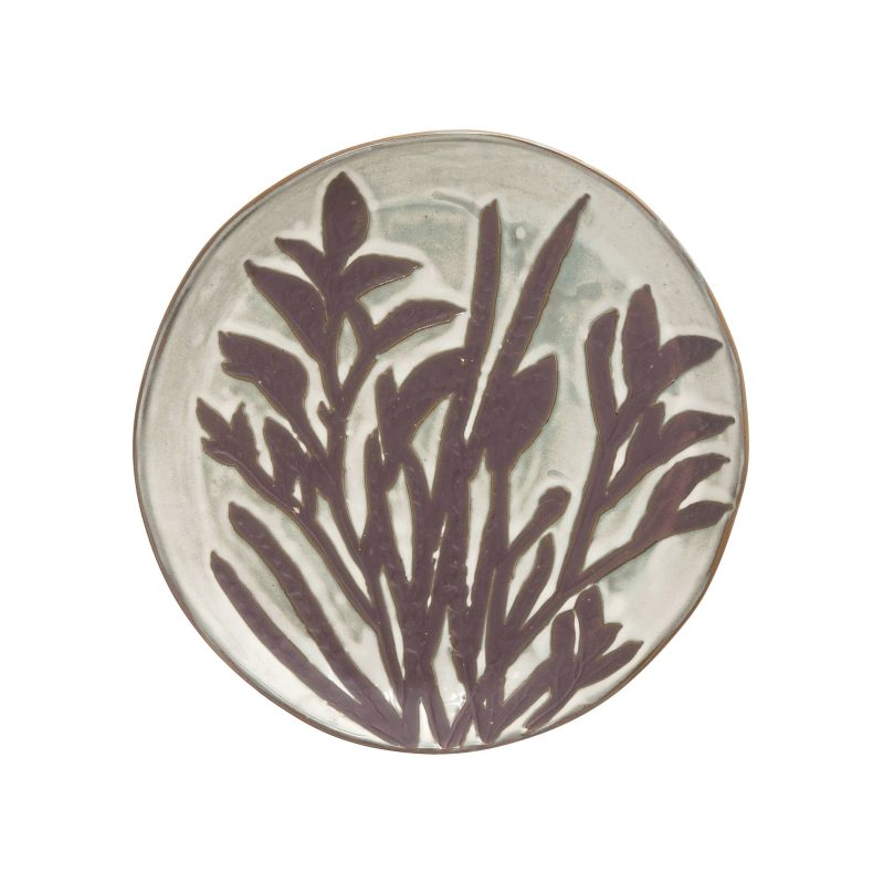 creative coop df6373 round hand painted debossed stoneware plate with wax relief floral image reactive glaze