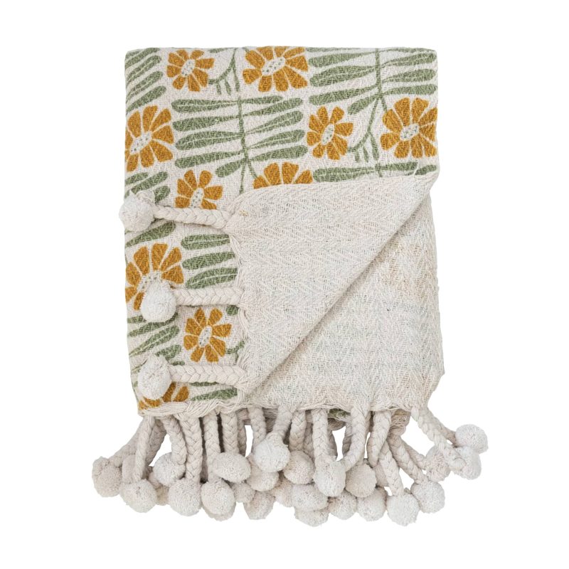 creative coop df6887 woven recycled cotton floral throw with pompom tassels folded