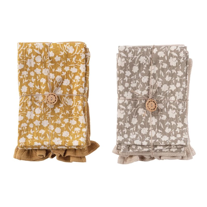 creative coop df8172a cotton slub and waffle tea towel sets in bmustard and tan with jute tie