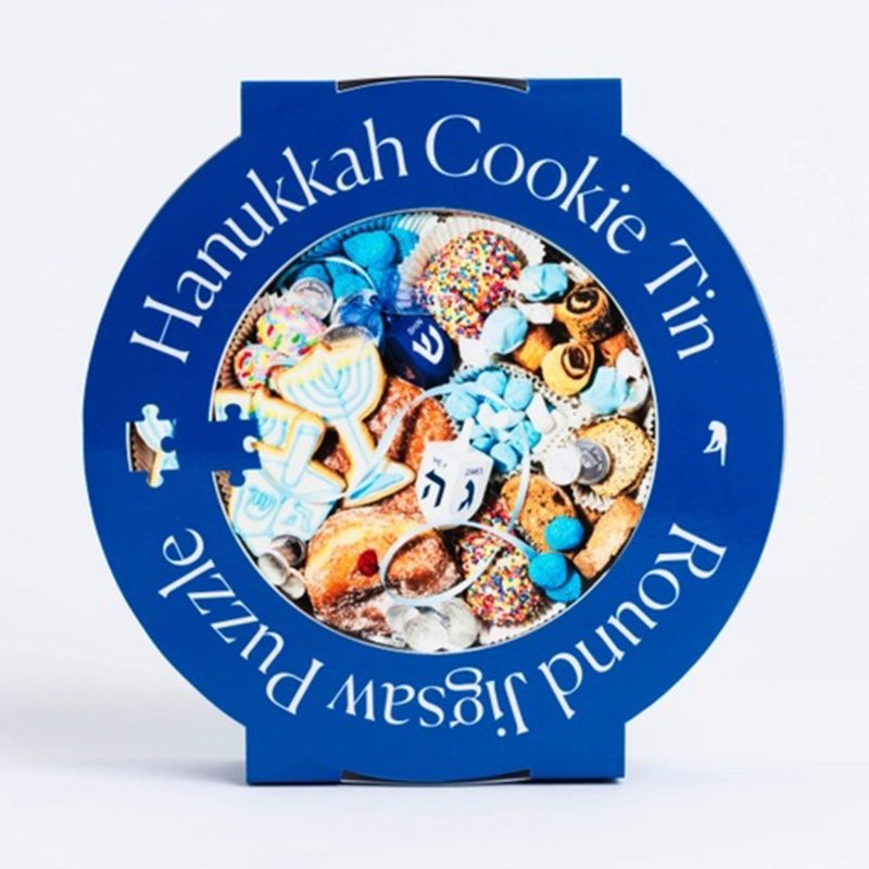 dba3534epiecework puzzles PZ HANUKKAH 750 piece hanukkah cookie tin round jigsaw puzzle tin front view