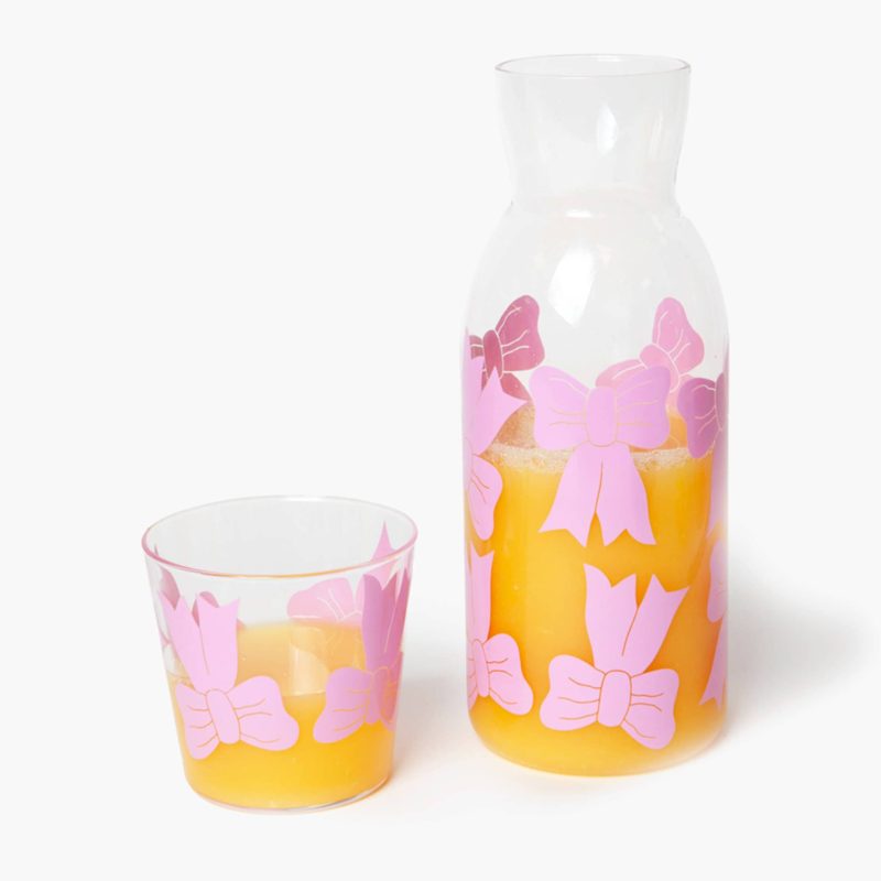 doiy DYJGLBOW carafe and drinking glass with pink bows with orange juice