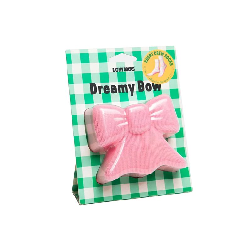 doiy eat my socks EMSATBOW dreamybow pink and white short crew socks in packaging