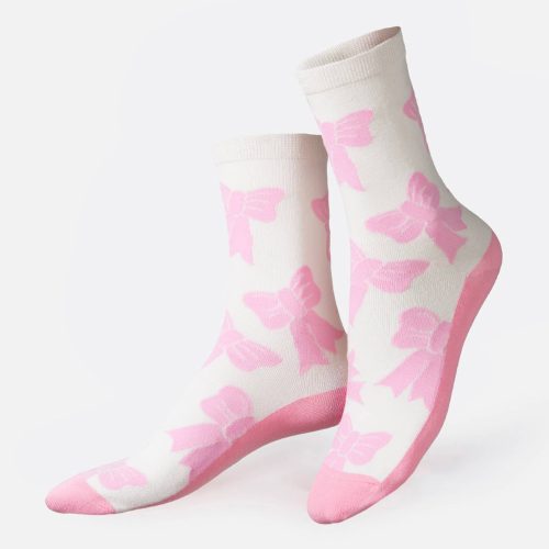 doiy eat my socks EMSATBOW dreamybow pink and white short crew socks on feet