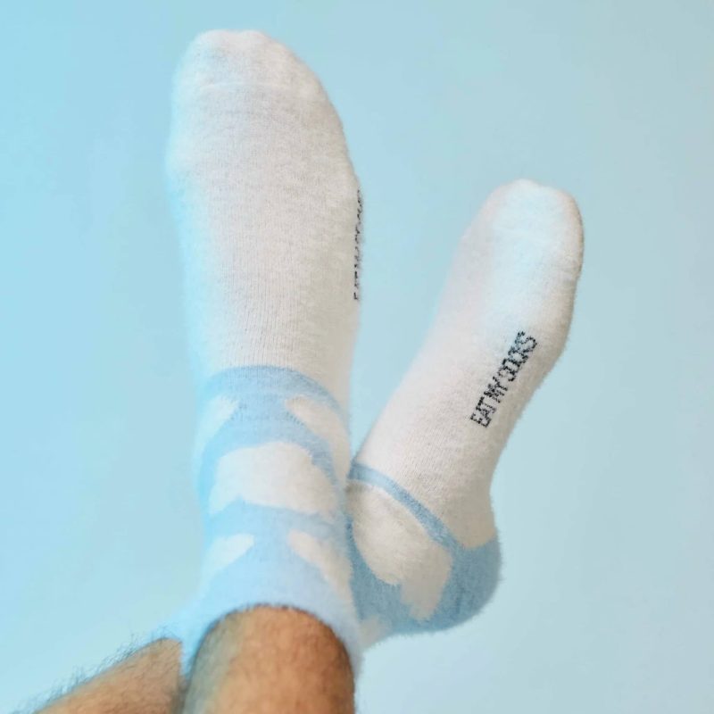 eat my socks EMSNOCFLCL fluffy cloud unisex short crew socks on feet