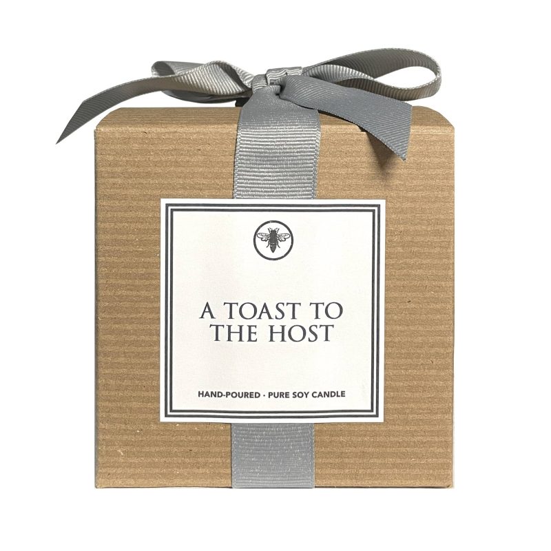 ella b candles a toast to the host scented soy wax candle in kraft box with gray ribbon front view