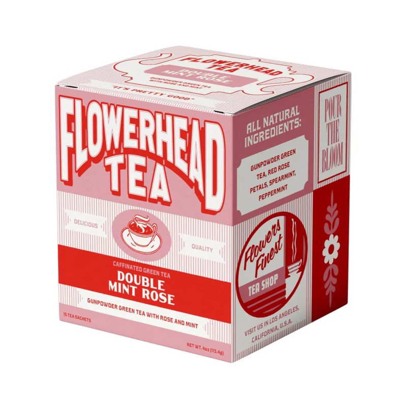 flowerhead tea double mint rose green tea blend tea bags in red and pink box front angle