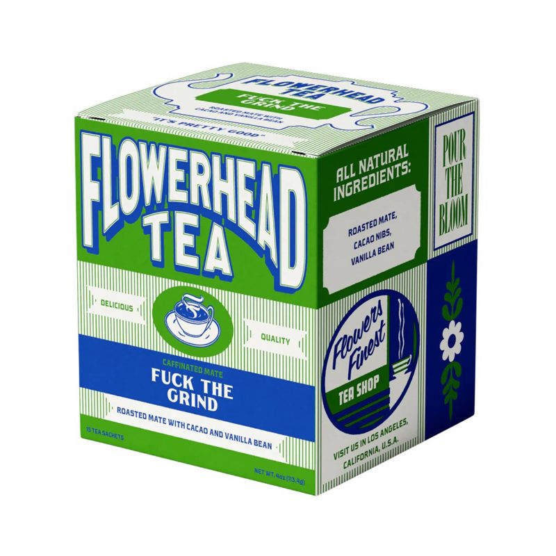 flowerhead tea fuck the grind mate tea blend tea bags in blue and green box front angle