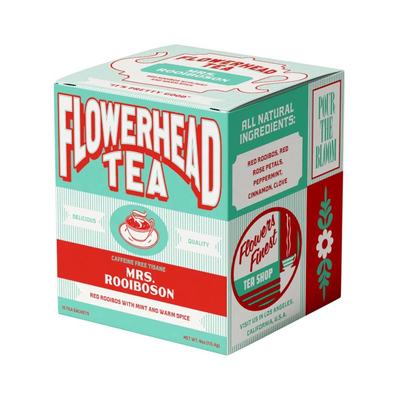 flowerhead tea mrs roobioson tea blend tea bags in red and mint green box front angle