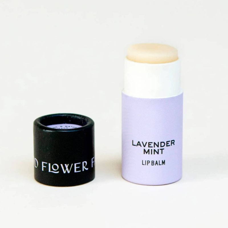 good flower farm lavender and mint lip balm in purple tube lid off