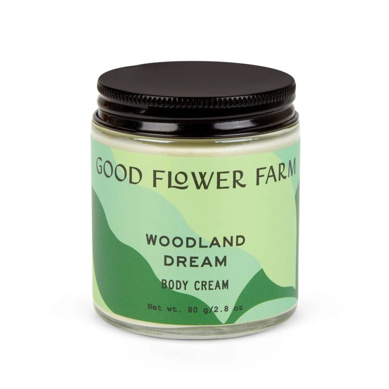 good flower farm woodland dream organic body cream in clear glass jar green label