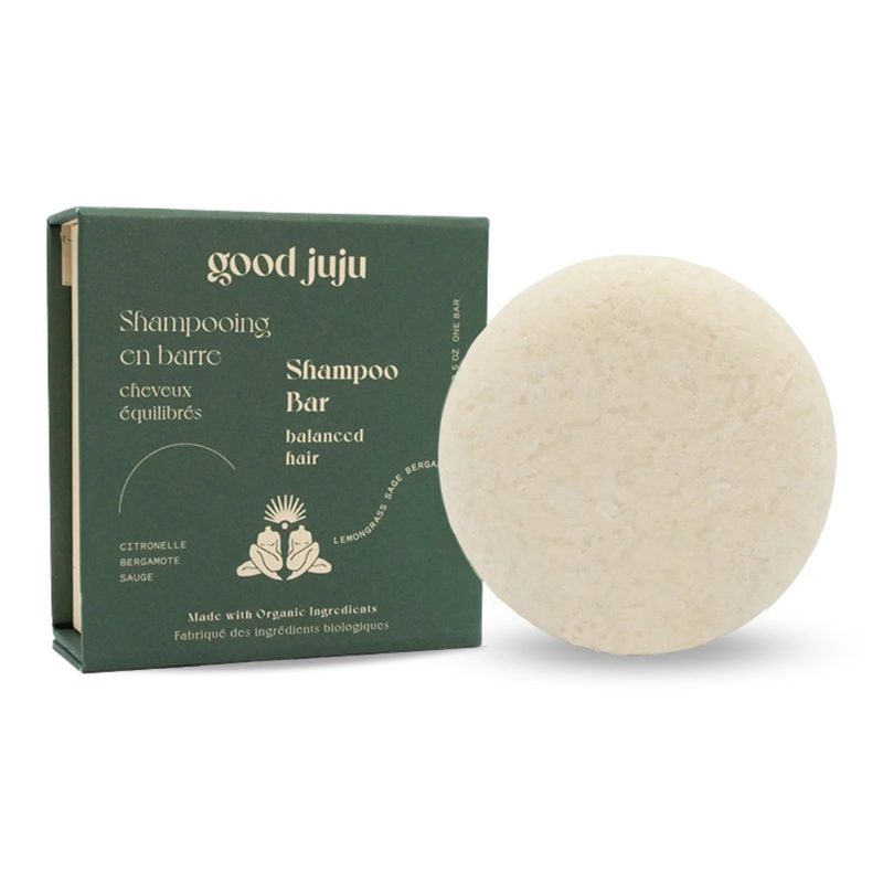 good juju balanced hair organic shampoo bar with packaging