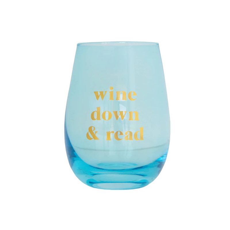 jollity and co 1084.WDR .19 book club wine down and read blue stemless glass