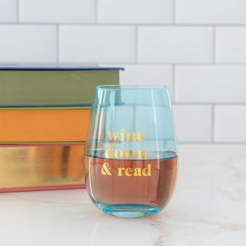 jollity and co 1084.WDR .19 book club wine down and read blue stemless glass lifestyle