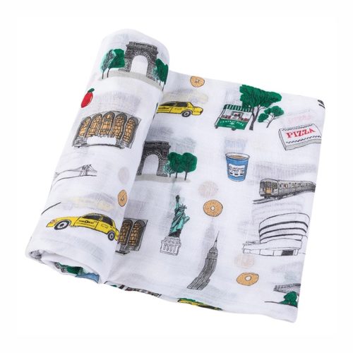 little hometown new york city bamboo cotton blend muslin baby swaddle blanket detail of illustrations