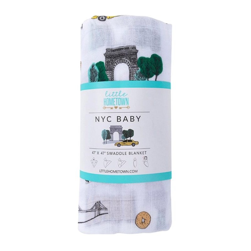 little hometown new york city bamboo cotton blend muslin baby swaddle blanket in packaging