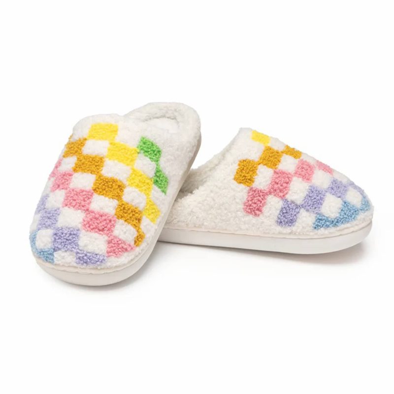 living royal kids rainbow checker slippers front and side view c668f66a d5d9 4b86 8458 a1cc530ab559