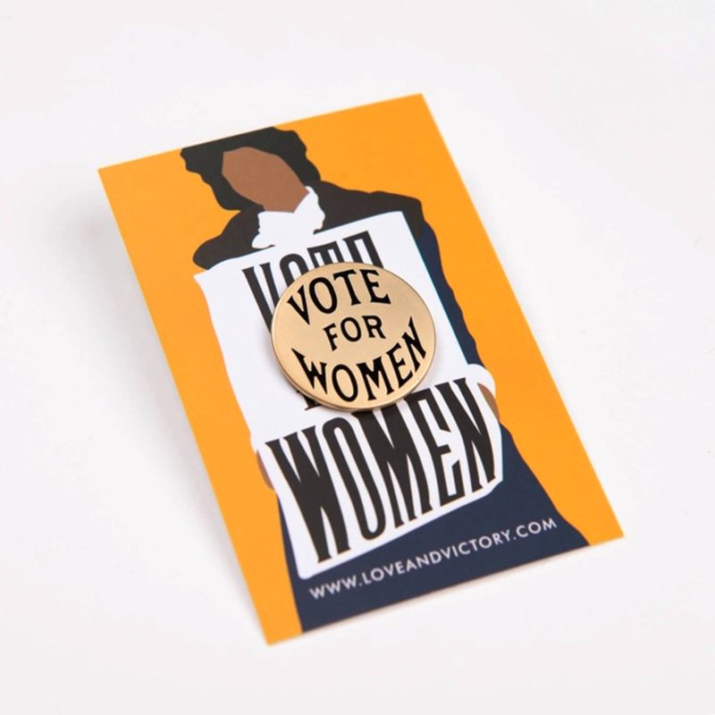 love and victory vote for women enamel pin on card backing