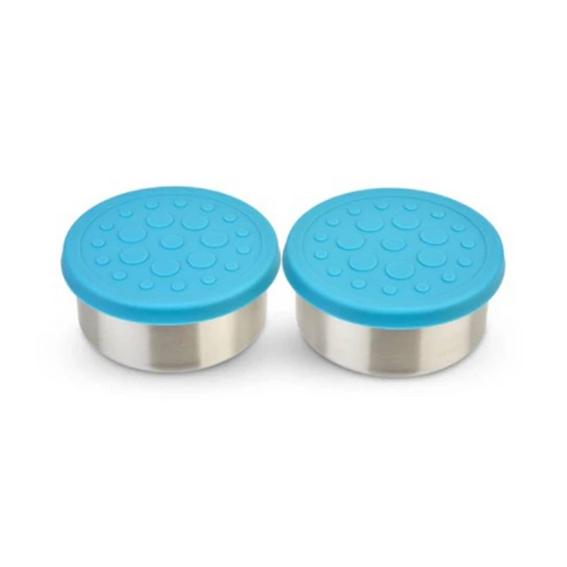 lunchbots 4 ounce round stainless steel dips container set of two with aqua silicone lids