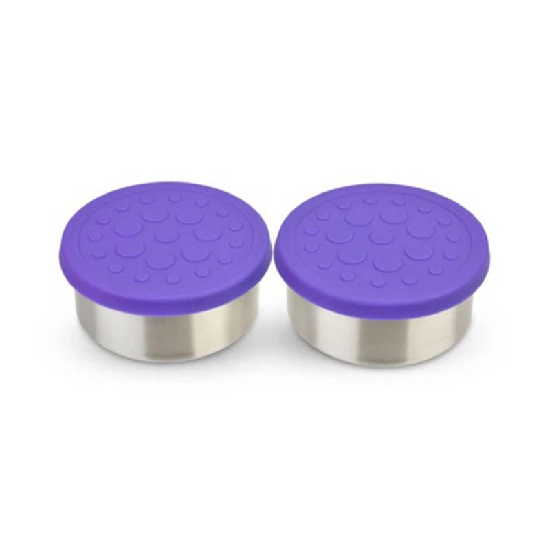 lunchbots 4 ounce round stainless steel dips container set of two with purple silicone lids