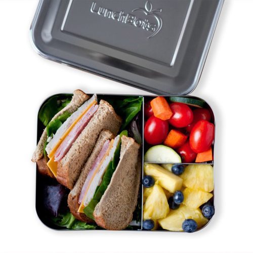 lunchbots large trio stainless steel bento box lunchbox open with sandwich and fruit